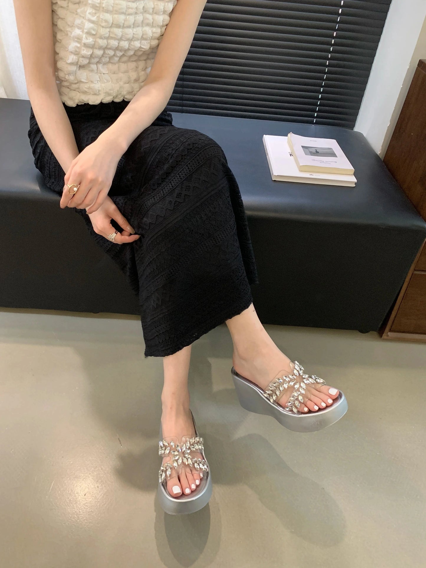 2024 Summer new fashion all-match outdoor wedge thick bottom rhinestone sandals pu women's shoes