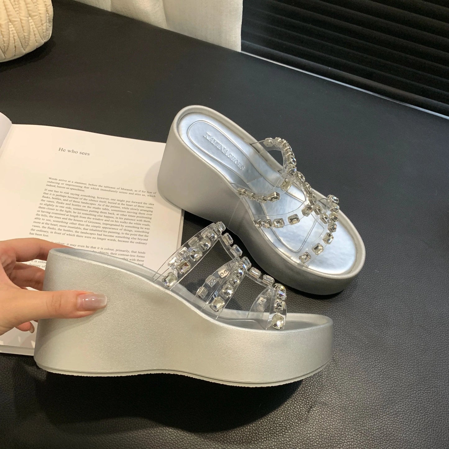 2024 Summer new fashion all-match outdoor wedge thick bottom rhinestone sandals pu women's shoes