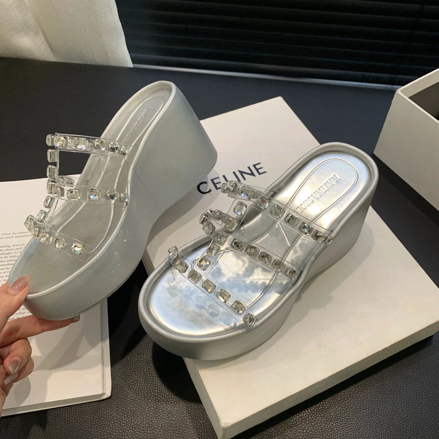 2024 Summer new fashion all-match outdoor wedge thick bottom rhinestone sandals pu women's shoes