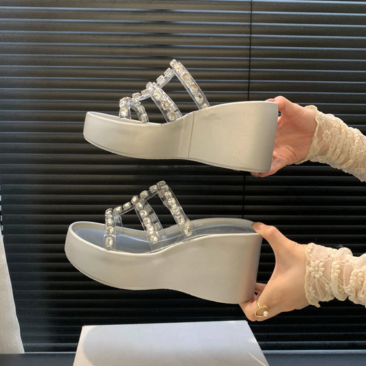 2024 Summer new fashion all-match outdoor wedge thick bottom rhinestone sandals pu women's shoes