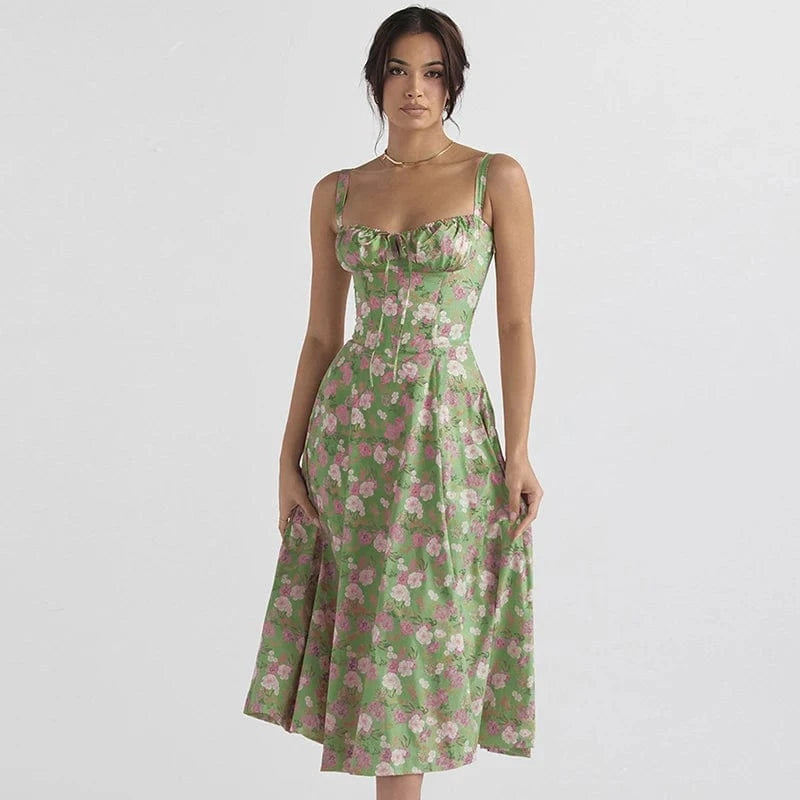 2024 Summer New Fashion Spaghetti Strap Dress Women Floral Printed Lace-up Sexy Beach Boho Dresses Ladies Casual French Party