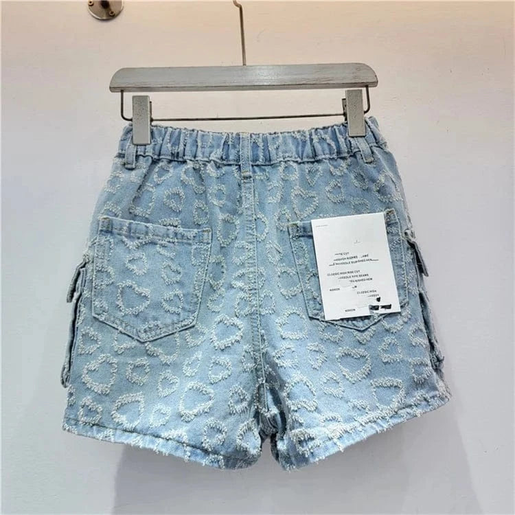 2024 Summer New Fashion Women Denim Skirt Heart Jacquard Pockets Patchwork A-line High Waist Cargo Mini Skirt