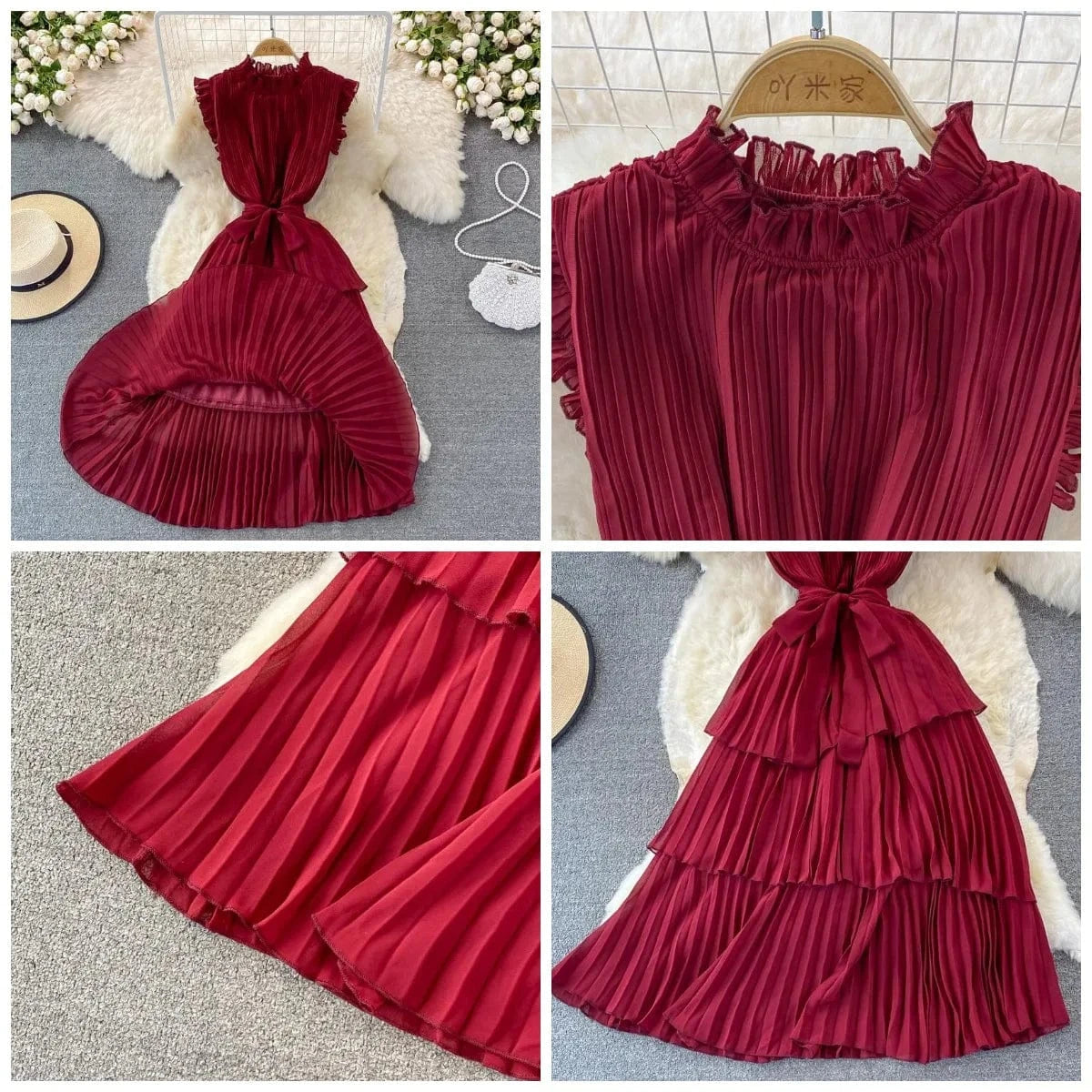 2024 summer new Korean style dress temperament slim mid-length cake dress solid color stand collar pleated dress
