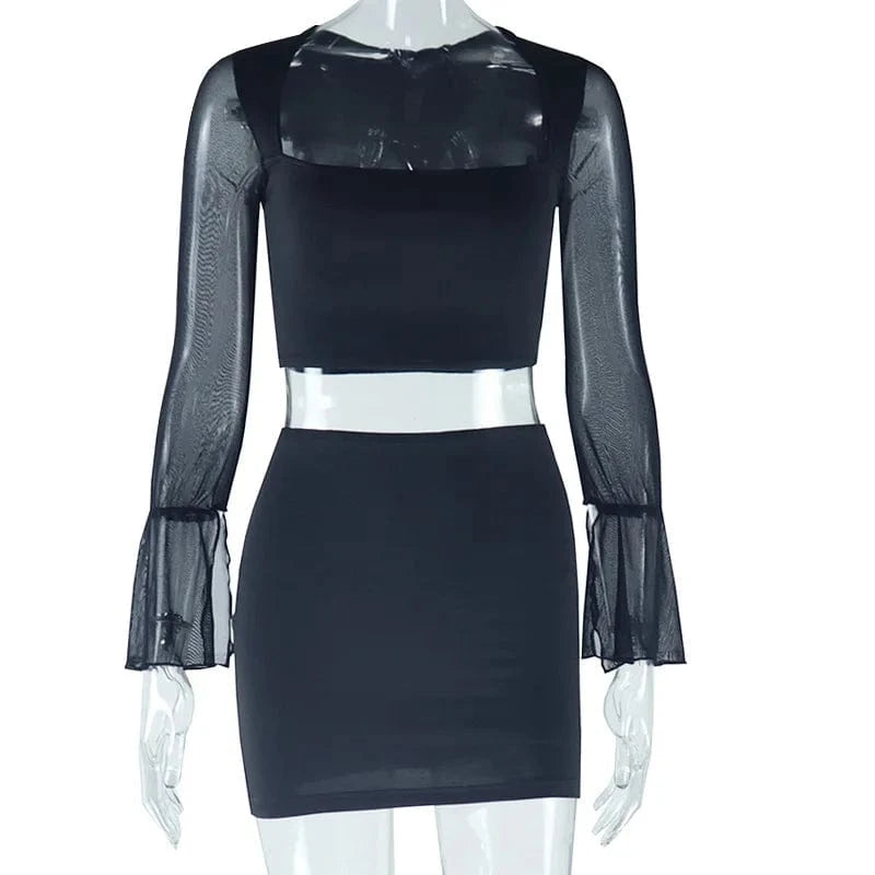 2024 Summer New Long-Sleeved Blouse Skirt Suit Sexy Square Collar Mesh Stitching Pure-Color Knitted Fabric Solid Work Bag