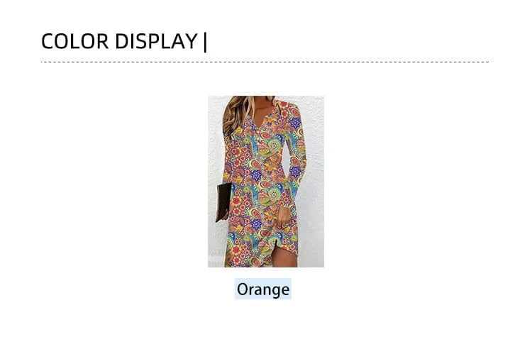 2024 Summer New Women's Long Sleeve V-Neck Printed Pattern Dresses A-Line Ruffle Dresses Best for Summer