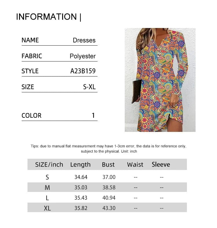 2024 Summer New Women's Long Sleeve V-Neck Printed Pattern Dresses A-Line Ruffle Dresses Best for Summer