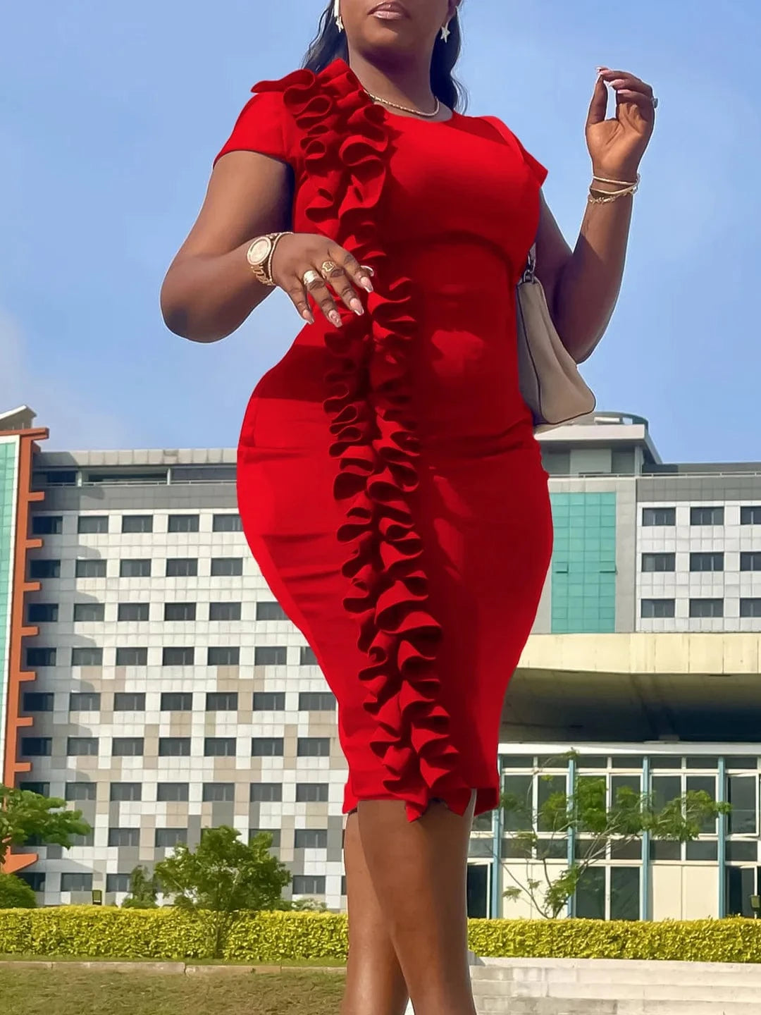 2024 Summer O Neck Sleeveless Classy Ruffle Plus Size Women Office Career Dress