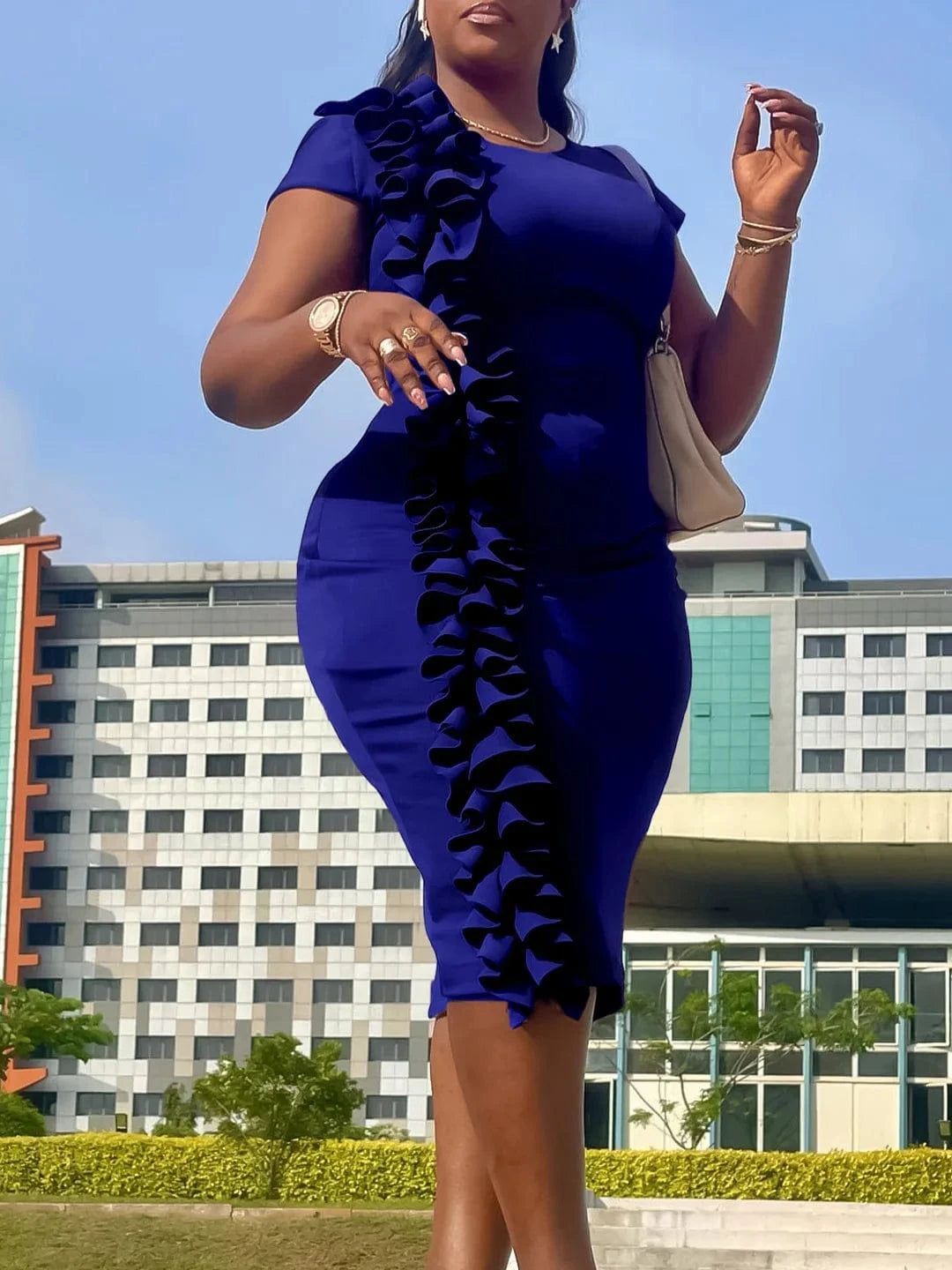 2024 Summer O Neck Sleeveless Classy Ruffle Plus Size Women Office Career Dress