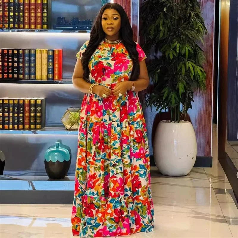 2024 summer plus size women ladies modest boho casual lounge red floral print short sleeve maxi long dress for women floral