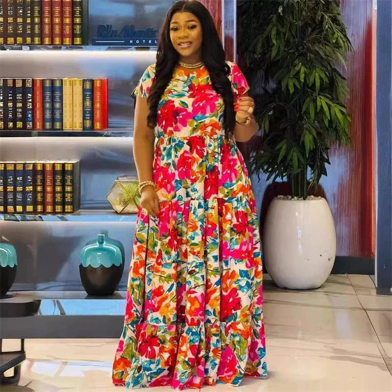 2024 summer plus size women ladies modest boho casual lounge red floral print short sleeve maxi long dress for women floral