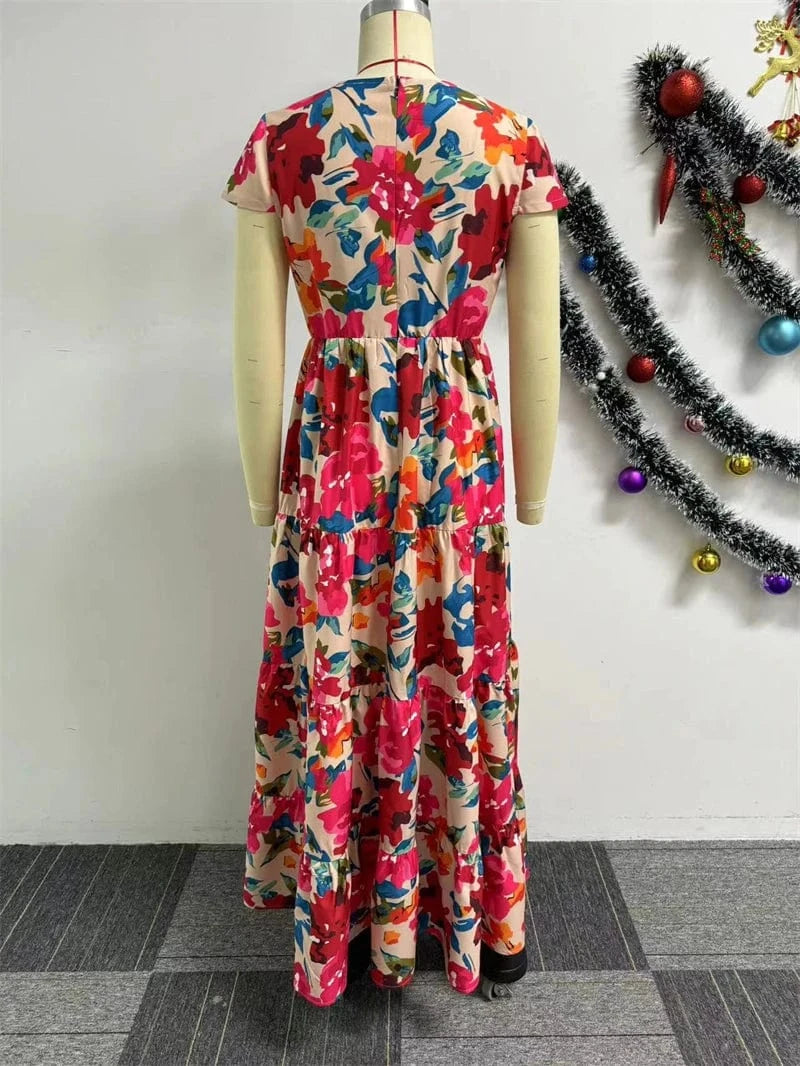 2024 summer plus size women ladies modest boho casual lounge red floral print short sleeve maxi long dress for women floral