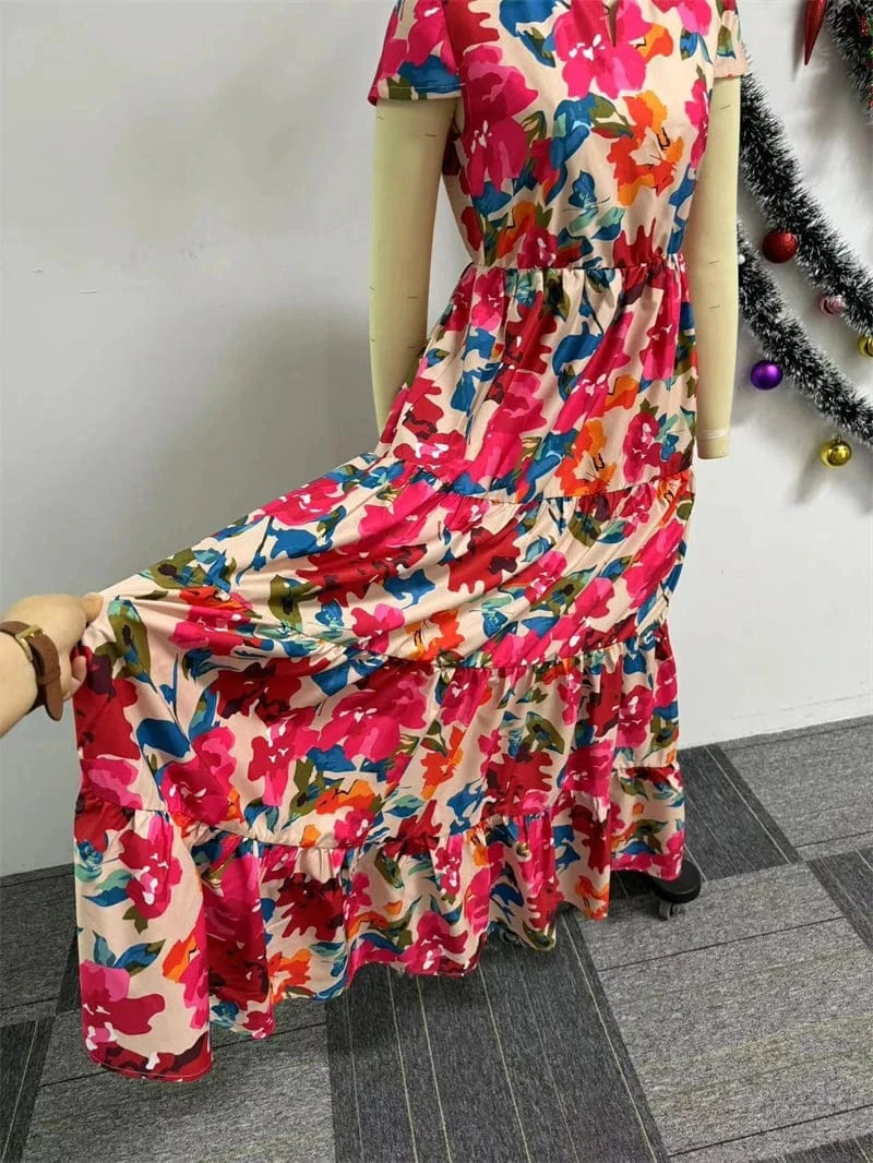 2024 summer plus size women ladies modest boho casual lounge red floral print short sleeve maxi long dress for women floral