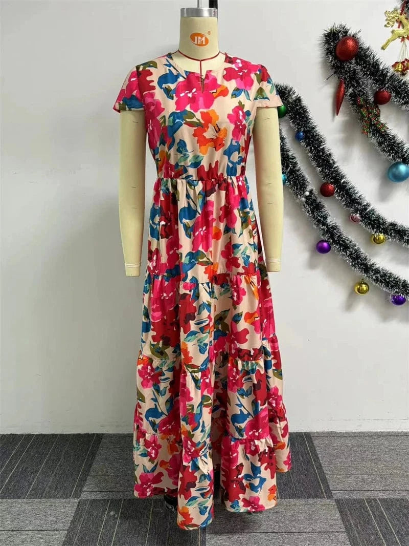 2024 summer plus size women ladies modest boho casual lounge red floral print short sleeve maxi long dress for women floral