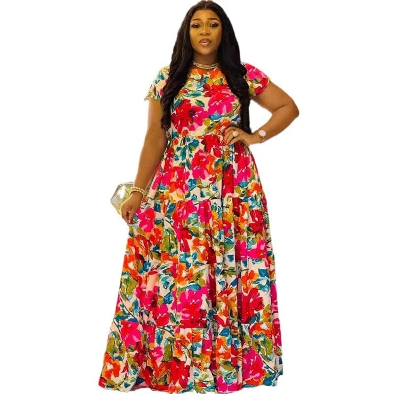 2024 summer plus size women ladies modest boho casual lounge red floral print short sleeve maxi long dress for women floral