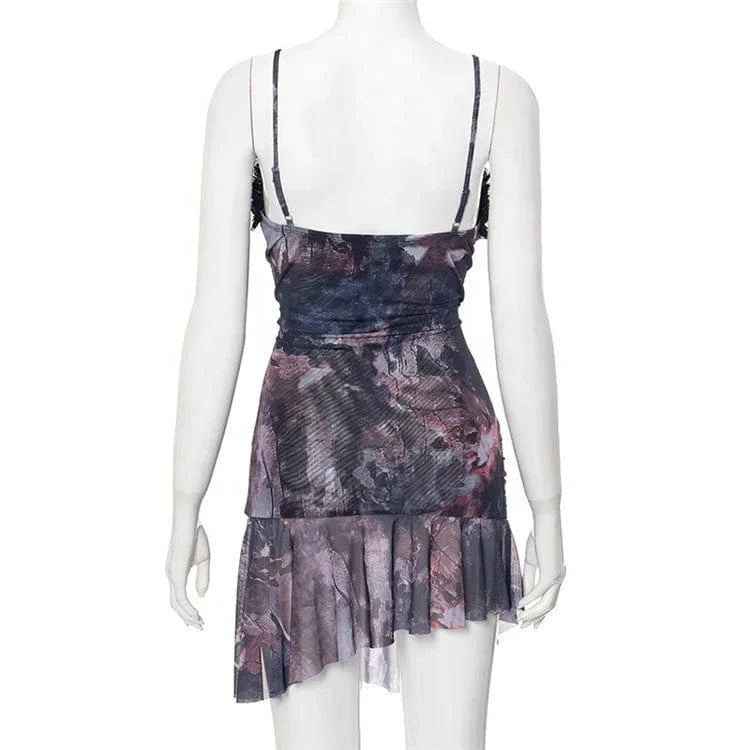 2024 Summer Ruffles Sheer Mesh Mini Dress Women Sexy Spaghetti Straps Backless Split Party Clubwear