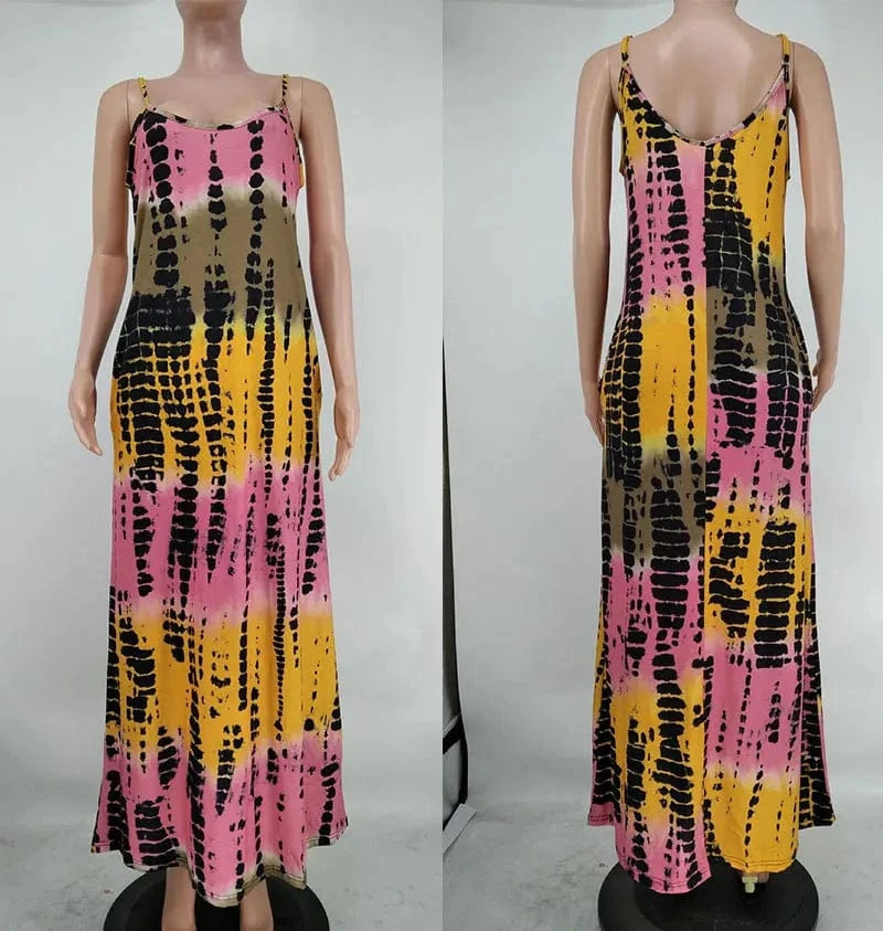 2024 Summer Sexy Fashionable Floral Clothes Tie-Dye Multicolored Print Halter Loose Dress Women Maxi Long Dresses