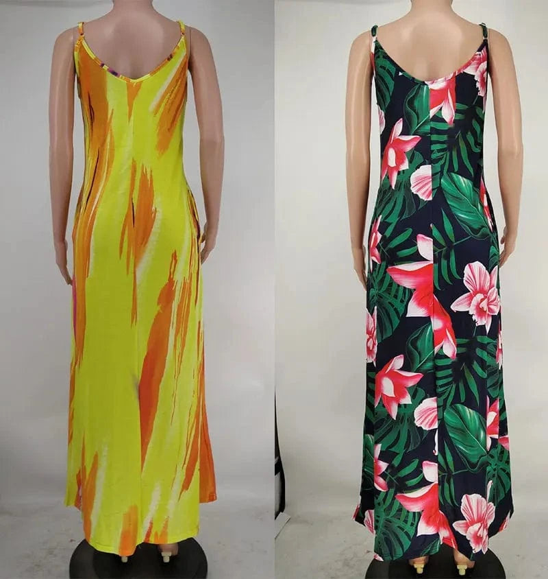 2024 Summer Sexy Fashionable Floral Clothes Tie-Dye Multicolored Print Halter Loose Dress Women Maxi Long Dresses