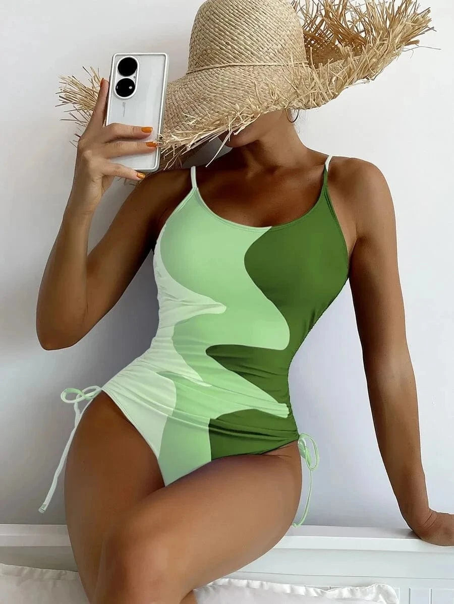 2024 Summer Sexy One Piece Swimsuit High Cut Floral Printed Swimwear Colorblock Drawstring Beachwear