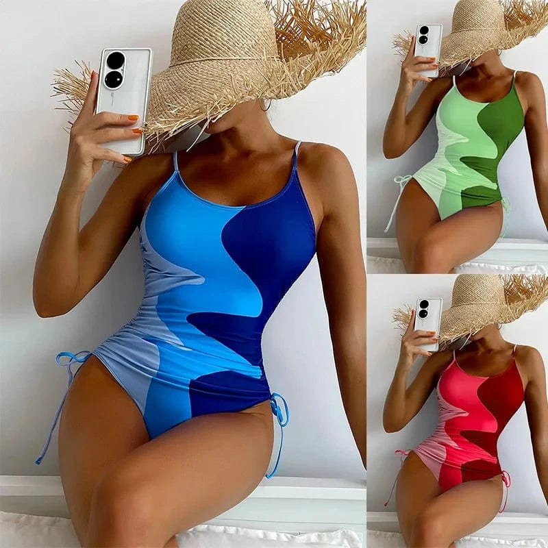 2024 Summer Sexy One Piece Swimsuit High Cut Floral Printed Swimwear Colorblock Drawstring Beachwear