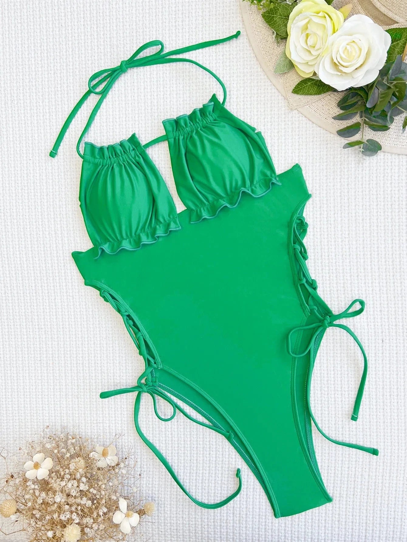 2024 Summer Sexy Solid Backless One Pieces Swimsuit Lace Up Cut Out Swimwear Women Push Up Monokini Beach Bathing Suit