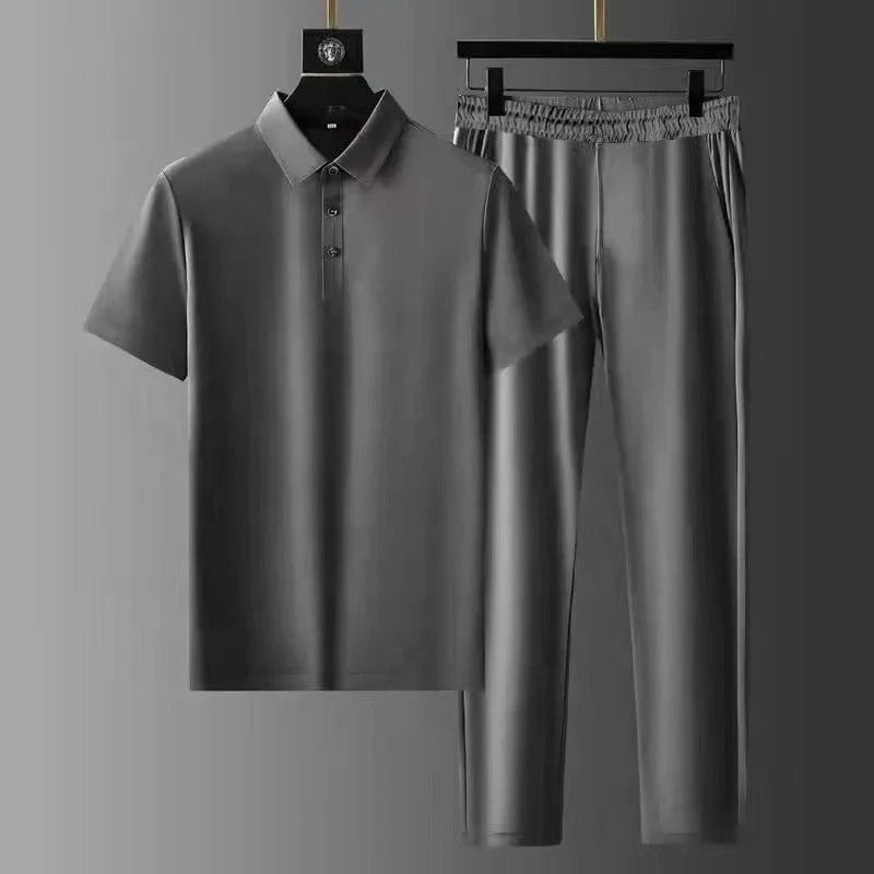 2024 Summer Thin Sports Set Men's Fashion Solid Color Polo Neck T-shirt Long Pants Men's Clothing Set