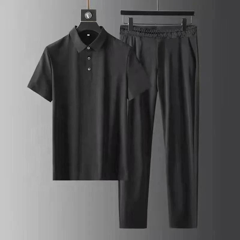 2024 Summer Thin Sports Set Men's Fashion Solid Color Polo Neck T-shirt Long Pants Men's Clothing Set