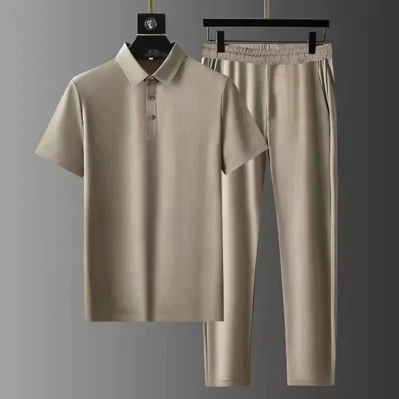 2024 Summer Thin Sports Set Men's Fashion Solid Color Polo Neck T-shirt Long Pants Men's Clothing Set