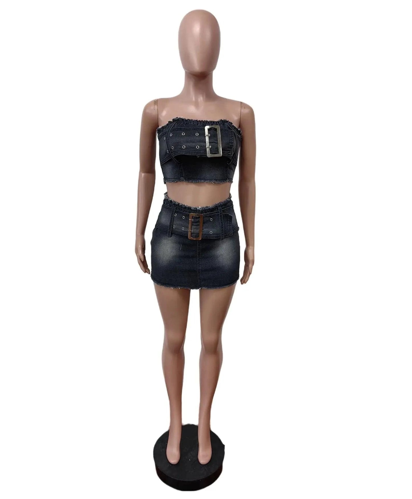 2024 summer trendy boutique S-2XL designer denim jeans belt 2 piece skirt set for women