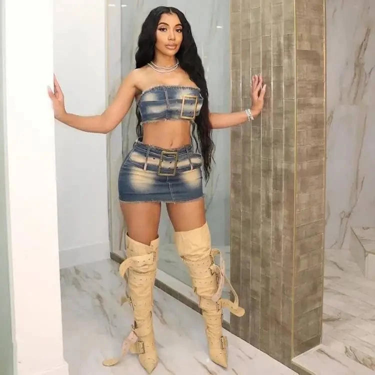 2024 summer trendy boutique S-2XL designer denim jeans belt 2 piece skirt set for women