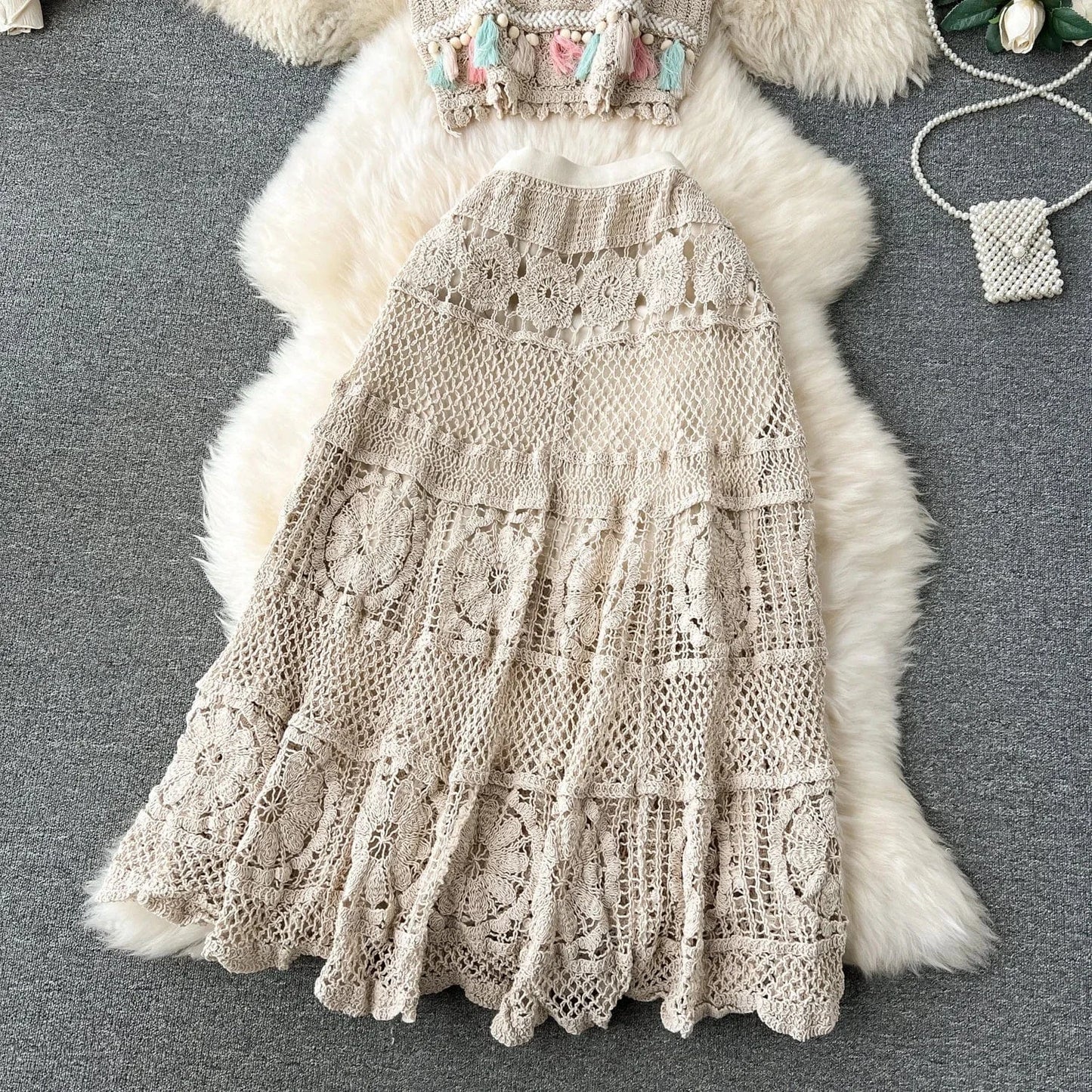 2024 Summer Vintage 2 Piece Set For Women Sleeveless Top And High Waist Mesh Skirts Set Clothing Wholesale