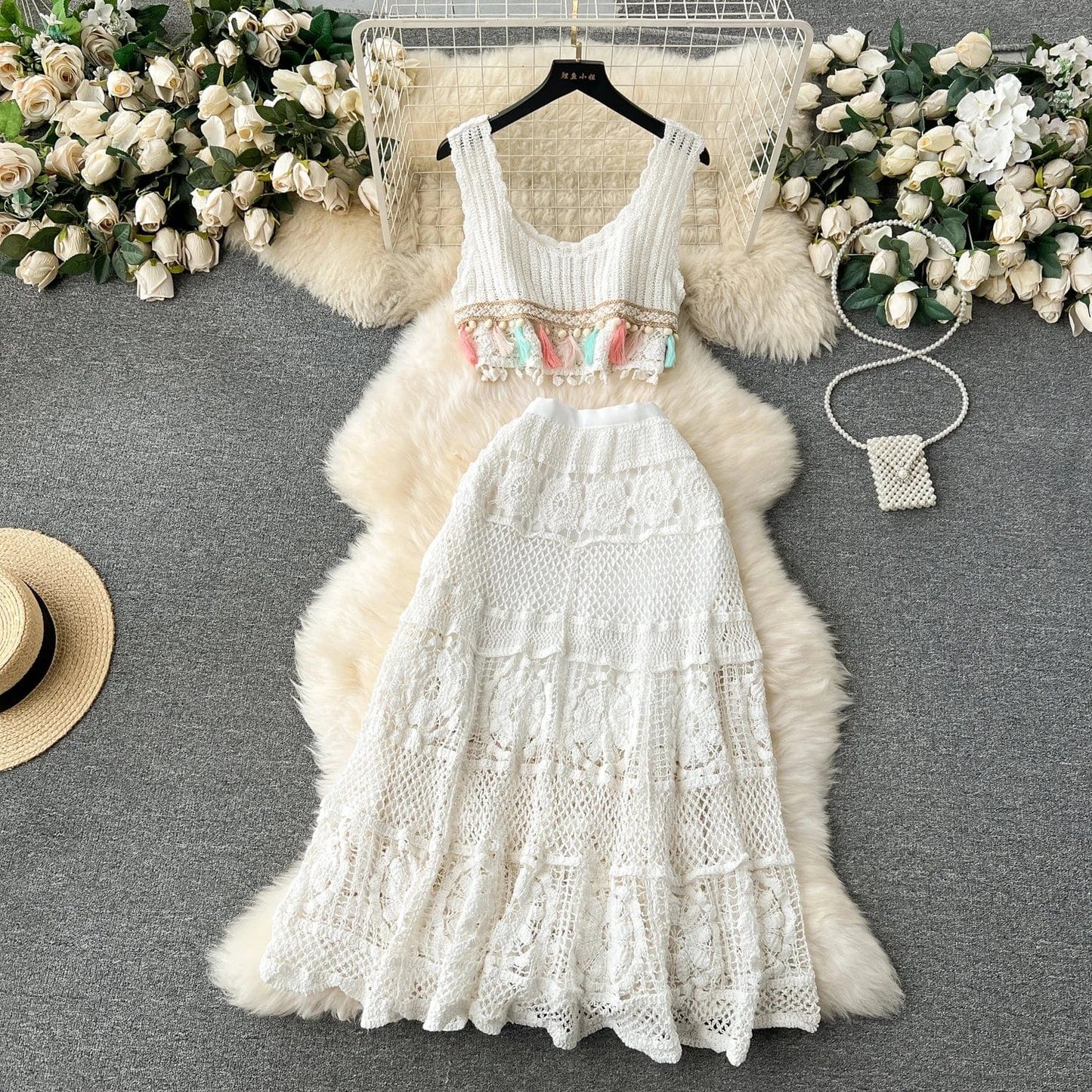 2024 Summer Vintage 2 Piece Set For Women Sleeveless Top And High Waist Mesh Skirts Set Clothing Wholesale
