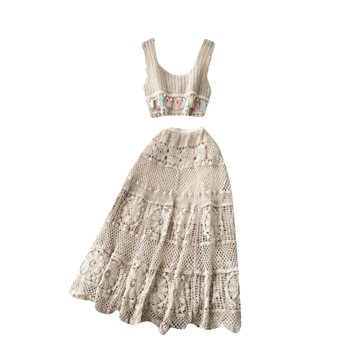 2024 Summer Vintage 2 Piece Set For Women Sleeveless Top And High Waist Mesh Skirts Set Clothing Wholesale