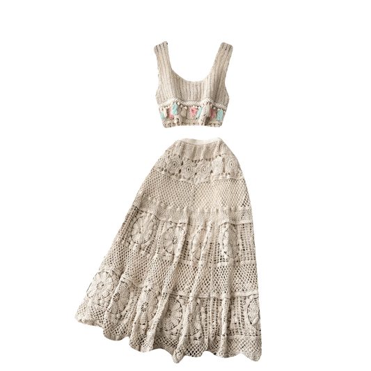 2024 Summer Vintage 2 Piece Set For Women Sleeveless Top And High Waist Mesh Skirts Set Clothing Wholesale