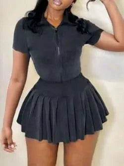 2024 Summer Women 2 Piece Skirt Set Party Club Outfits Zipper Top coat Mini Pleated Skirt Patchwork women clothes set