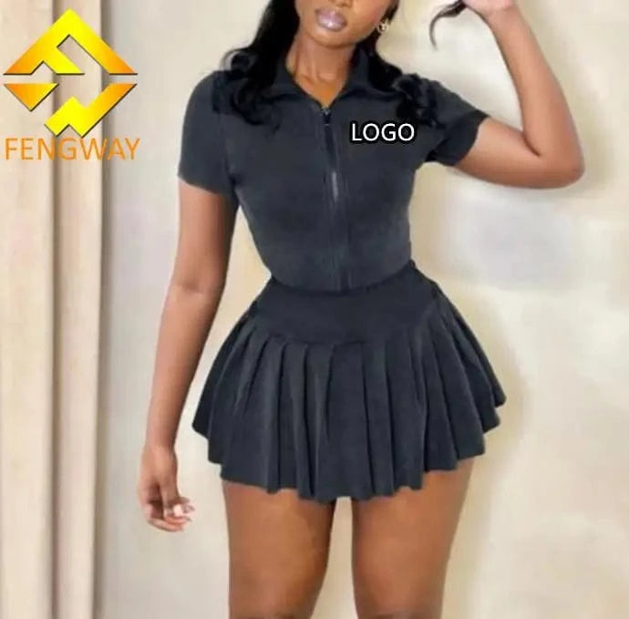 2024 Summer Women 2 Piece Skirt Set Party Club Outfits Zipper Top coat Mini Pleated Skirt Patchwork women clothes set
