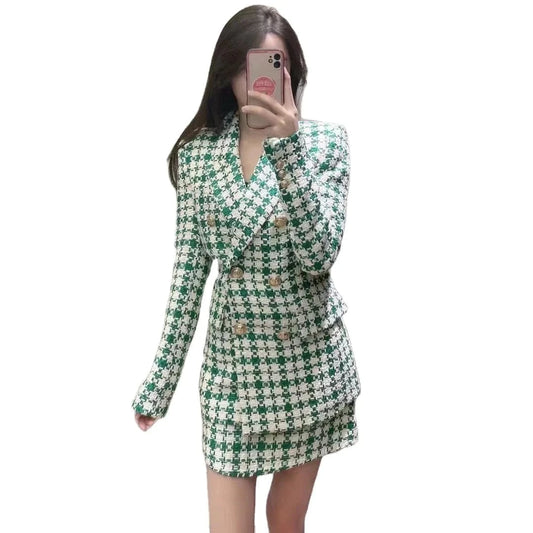 2024 Summer Women Casual Skirt Suits 2 piece Sets Plaid Veins Blazers Coats and Skirts Female Street Two pieces Clothing