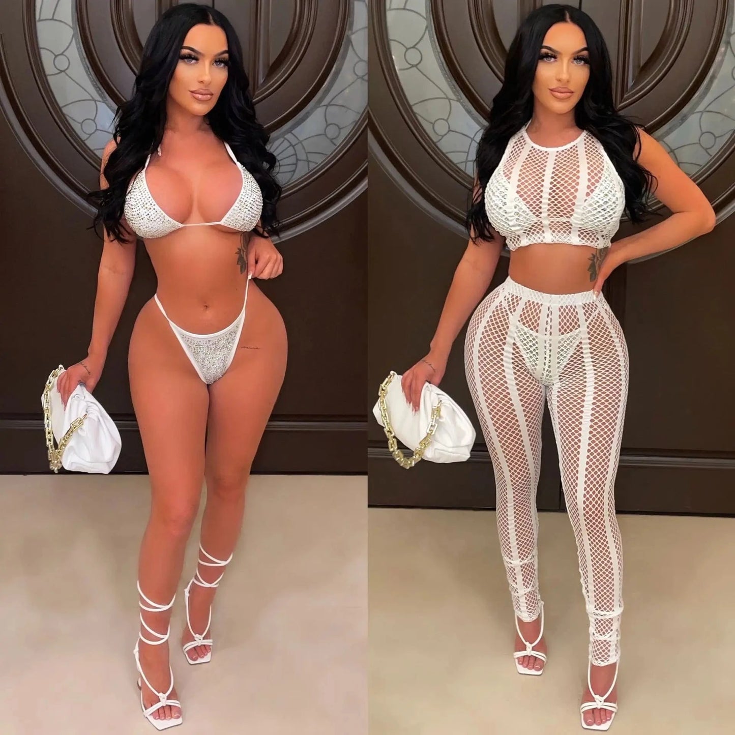 2024 Summer Women Diamonds Hot Rhinestones Bikinis Set Beach Swimsuit Sexy Party Club Swimwear 4 set