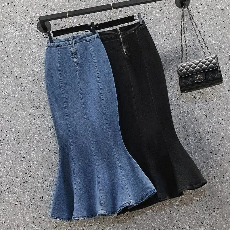 2024 Summer Women High Waist Denim  Ruffle Skirt Slimming Elastic Slit Wrap Buttocks Fishtail Solid Color Midi Long Skirt