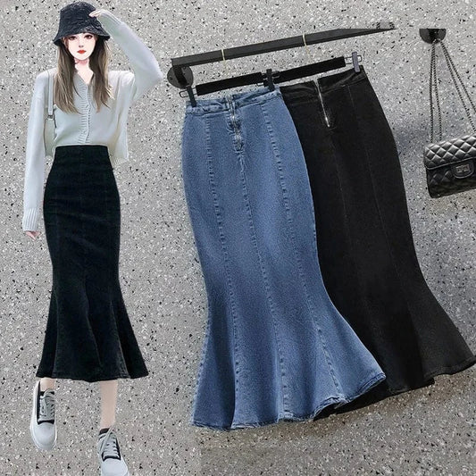 2024 Summer Women High Waist Denim  Ruffle Skirt Slimming Elastic Slit Wrap Buttocks Fishtail Solid Color Midi Long Skirt