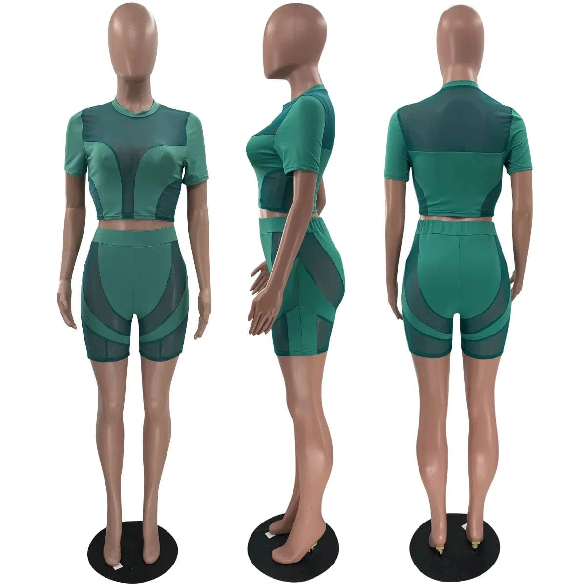 2024 Summer Women Sexy Club Wear Polyester Tracksuit Biker Shorts Mesh Sheer Patchwork Ladies Outfits Womens 2 Piece Summer Sets