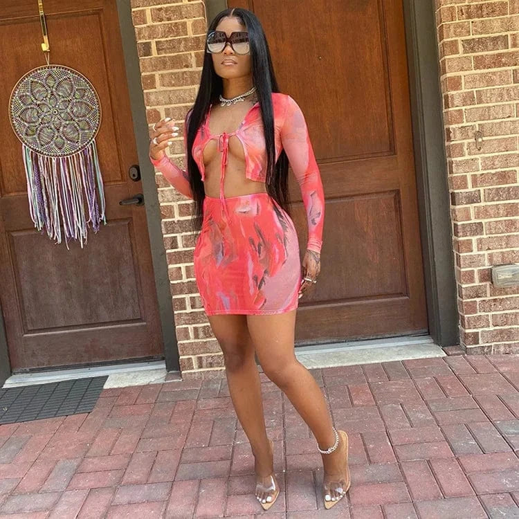 2024 summer womens mesh 2 piece outfits crop top set tie dye two piece skirt set women clothing