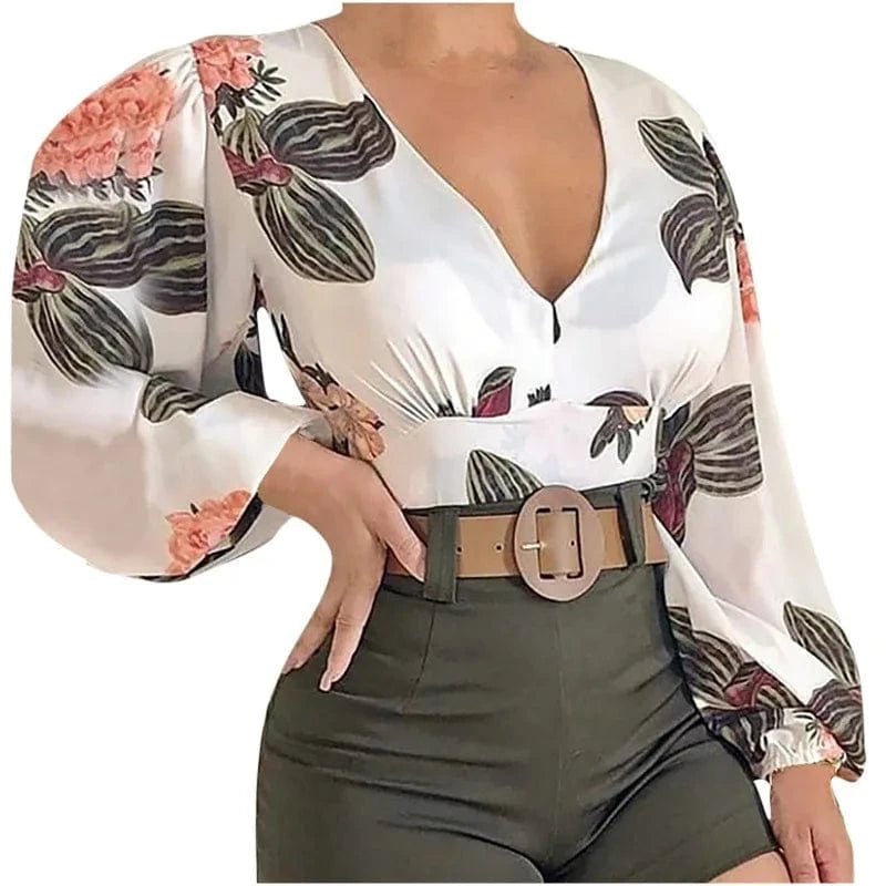 2024 T-Shirt Sexy Crop Top spring Elegant Long Sleeve V Neck Ruffle Chiffon Trim Floral Print Shirt Tops Clothing For Women