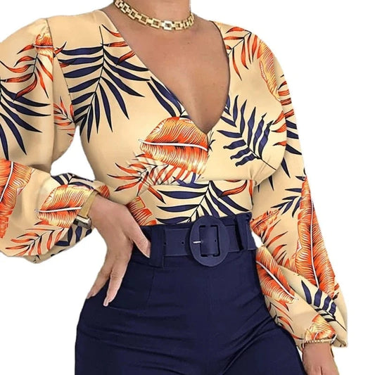 2024 T-Shirt Sexy Crop Top spring Elegant Long Sleeve V Neck Ruffle Chiffon Trim Floral Print Shirt Tops Clothing For Women