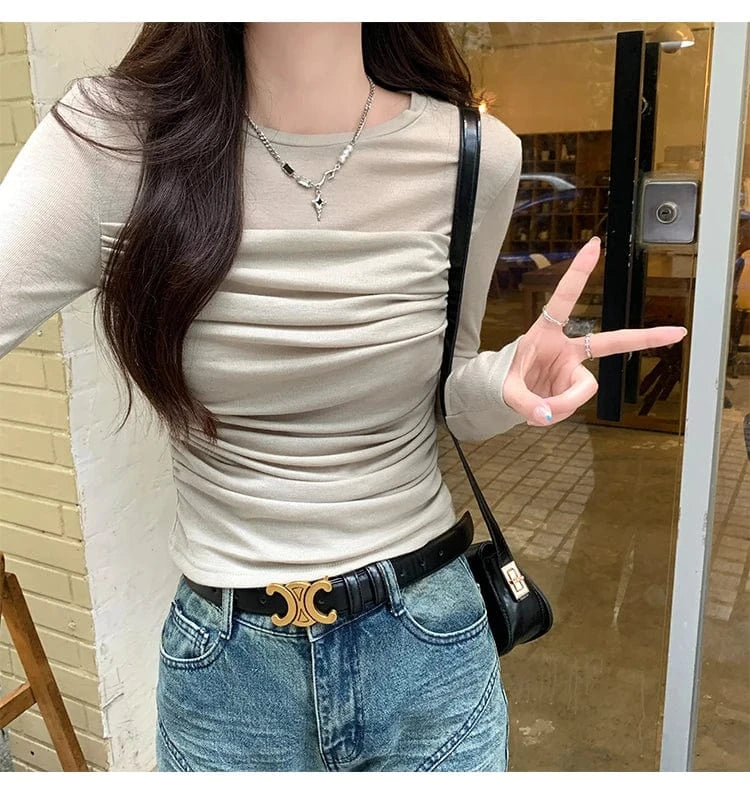 2024 T Shirt Women High Quality Fashion Ruffled Net Cotton T Shirt Women Slim New Style Long Sleeve T Shirt Women