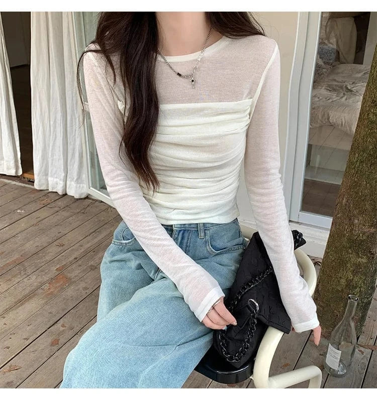 2024 T Shirt Women High Quality Fashion Ruffled Net Cotton T Shirt Women Slim New Style Long Sleeve T Shirt Women