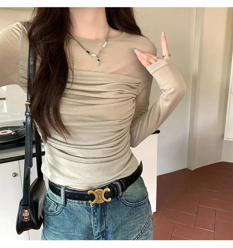 2024 T Shirt Women High Quality Fashion Ruffled Net Cotton T Shirt Women Slim New Style Long Sleeve T Shirt Women