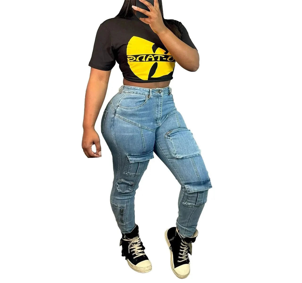 2024 Trend Retro Blue Casual Denim Jean Women High Stretch Skinny Jean Trousers Fashion Pocket Elastic Bottoms Cargo Pants