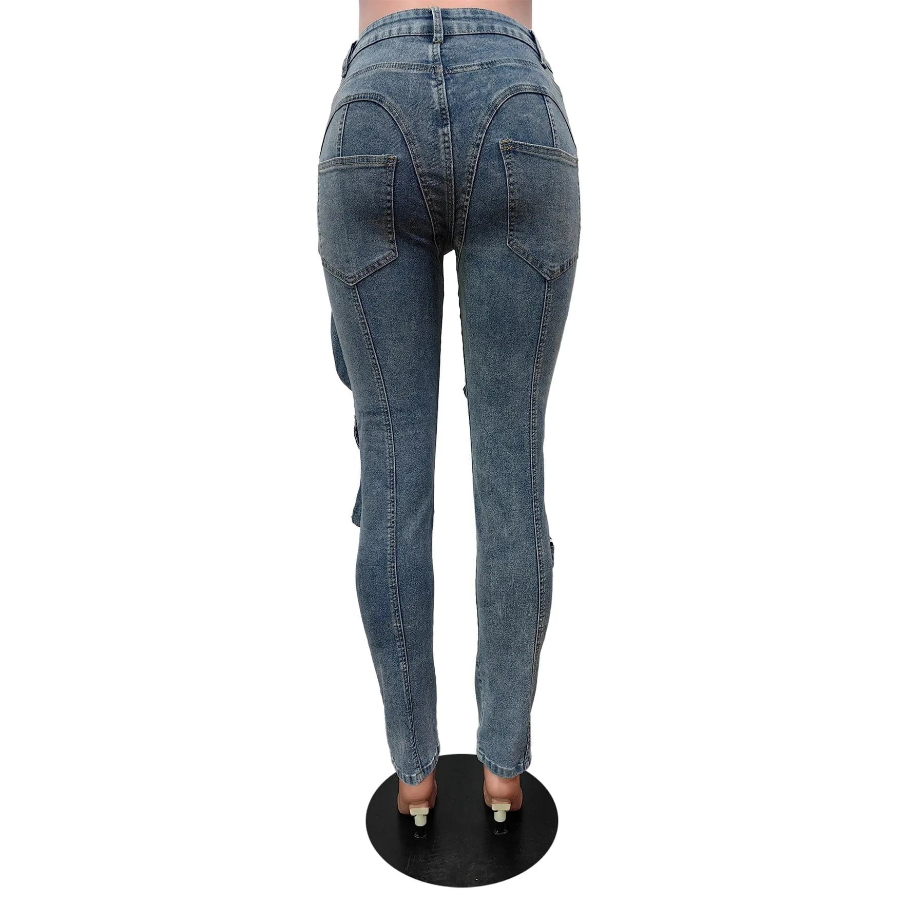 2024 Trend Retro Blue Casual Denim Jean Women High Stretch Skinny Jean Trousers Fashion Pocket Elastic Bottoms Cargo Pants