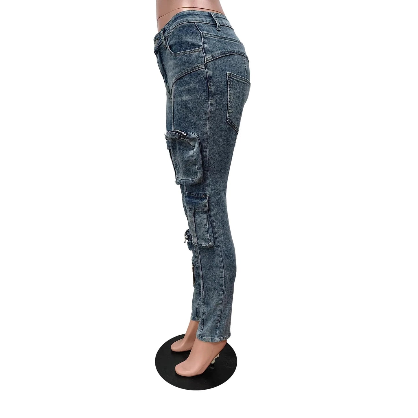 2024 Trend Retro Blue Casual Denim Jean Women High Stretch Skinny Jean Trousers Fashion Pocket Elastic Bottoms Cargo Pants