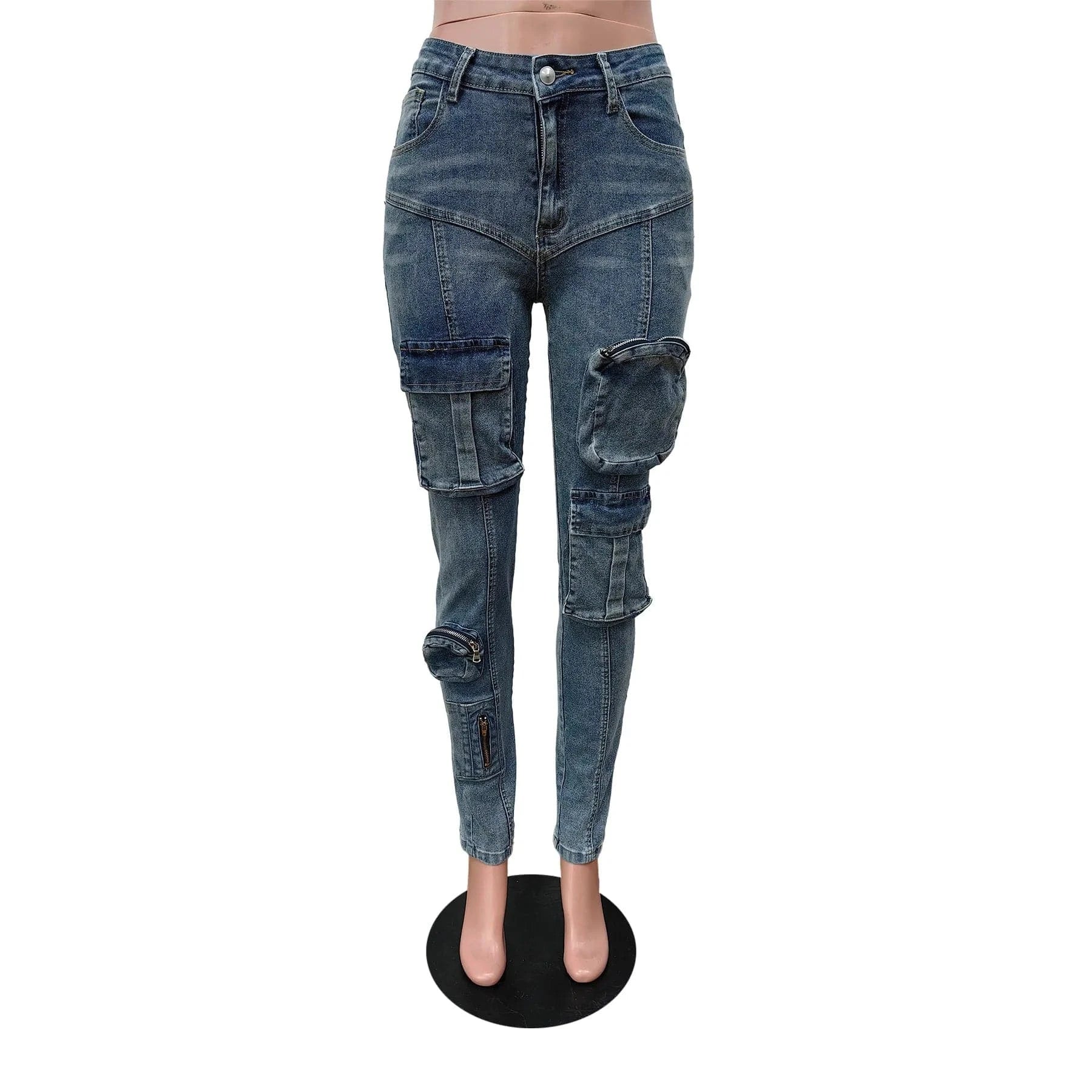 2024 Trend Retro Blue Casual Denim Jean Women High Stretch Skinny Jean Trousers Fashion Pocket Elastic Bottoms Cargo Pants